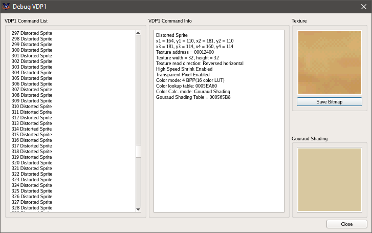 Yabause's VDP1 debugger, showing a LOT of Distorted Sprites with Gourad color information.
