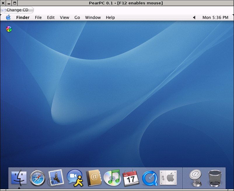 PearPC 0.1, showing an early Mac OS X desktop