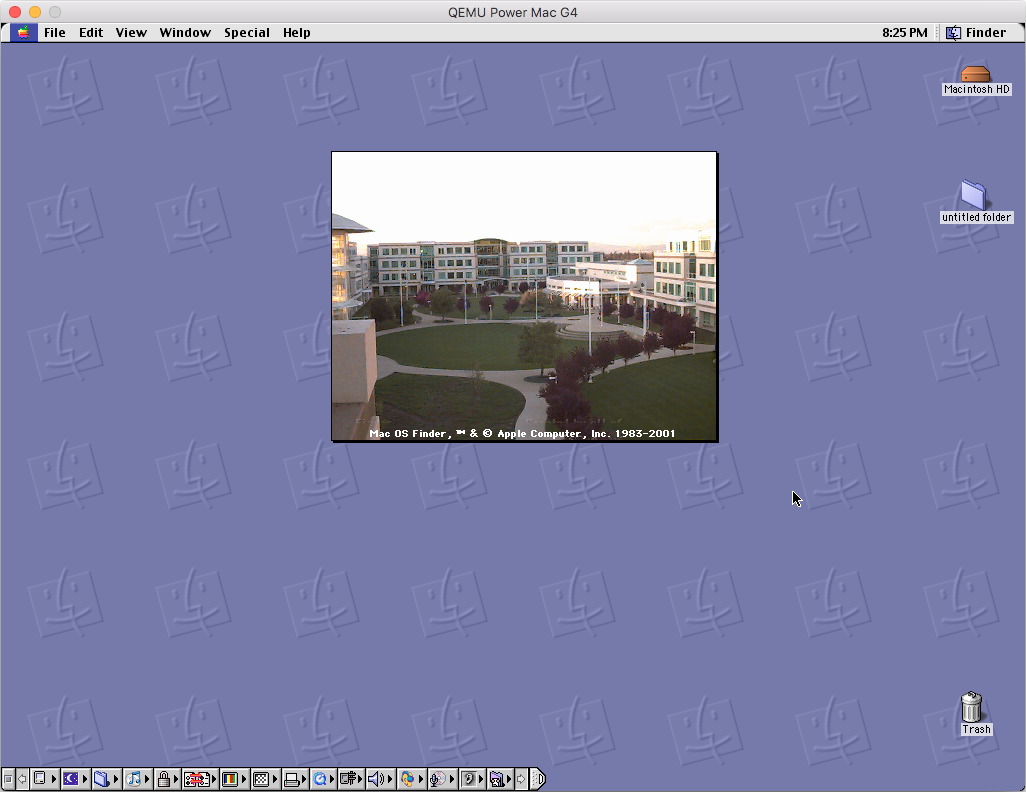 QEMU, showing the Mac OS 9 easter egg