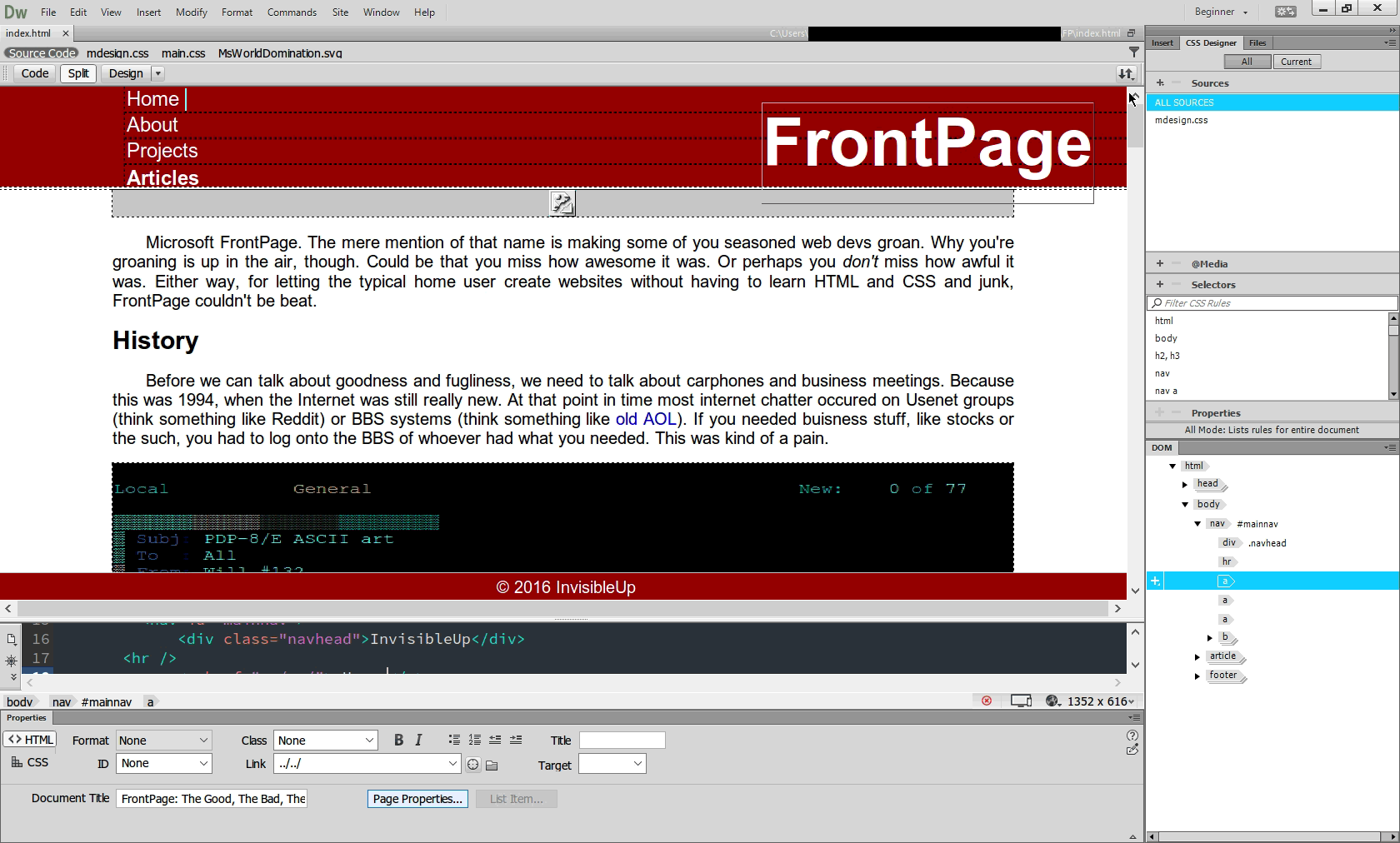 Screenshot of Dreamweaver editing a example site.