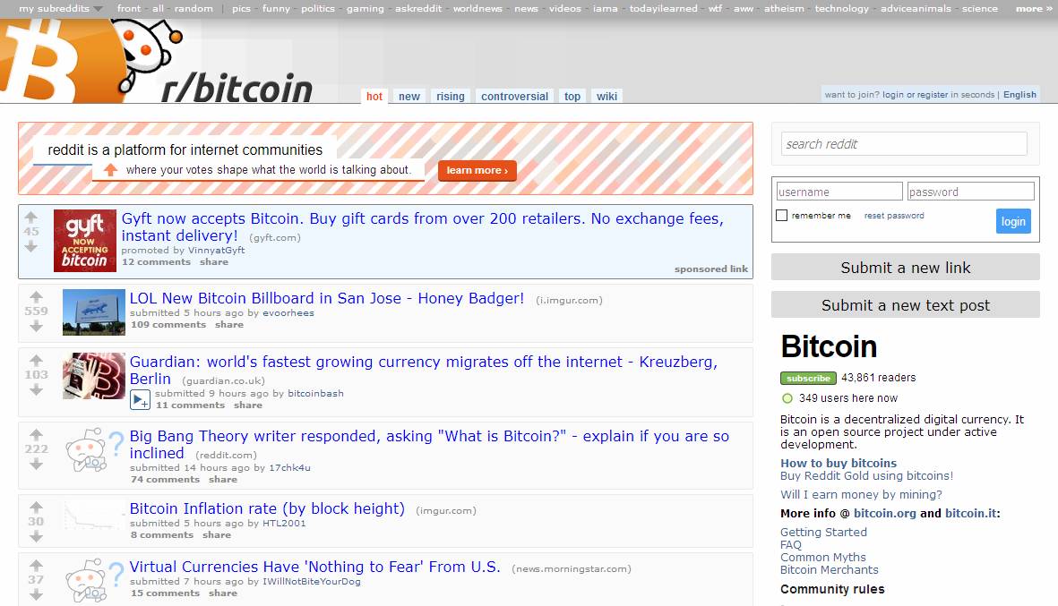 The /r/bitcoin subreddit as of 2013