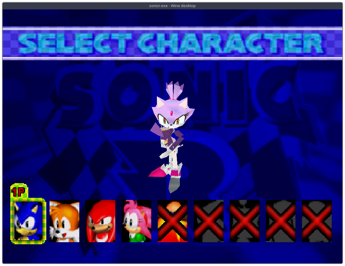 Screenshot of a very corrupt looking Blaze the Cat on the Sonic R character select screen