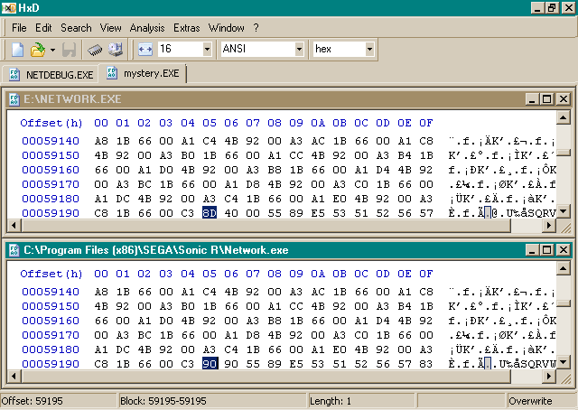 Open HxD window comparing two files