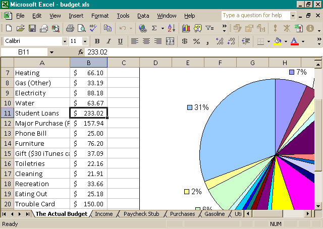 Microsoft Excel showing a budget I made for a high school assignment.