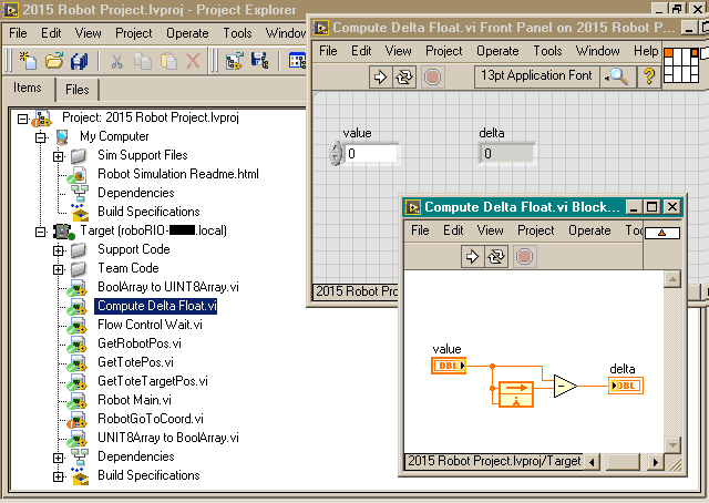 LabVIEW showing an open project and two view of an open file.
