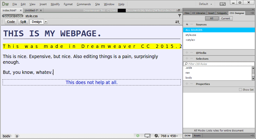 Dreamweaver showing an example website