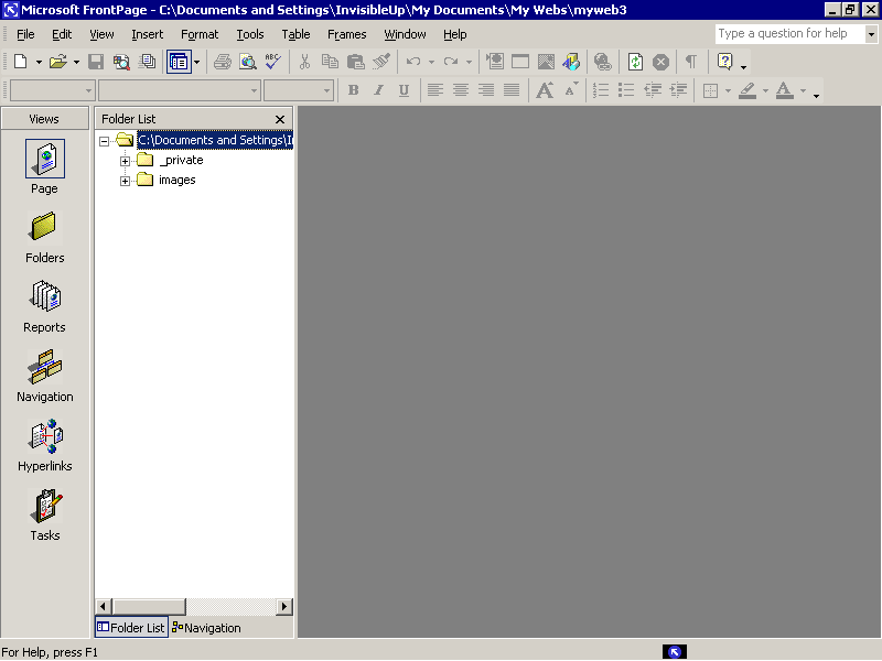 FrontPage open to a new blank web. Folder list and Views bar are visible.