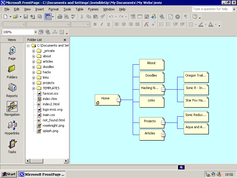 FrontPage Navigation editor with some pages created and linked up.