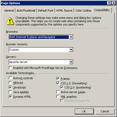 Settings to fix FrontPage's IE reliance on Internet Explorer