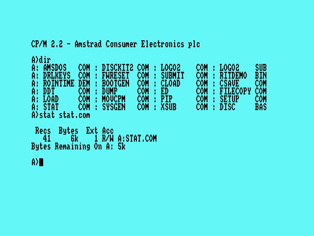 CP/M disk listing as seen on an Amstrad CPC