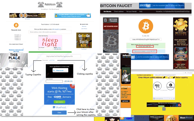 A collage of very scammy looking Bitcoin faucets
