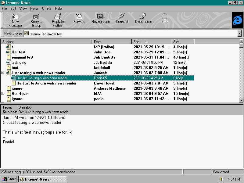 Internet Mail and News for Windows 95 opened to a discussion thread on Usenet