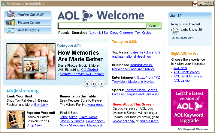 Welcome Screen showing obsolete news and snowy weather in June.