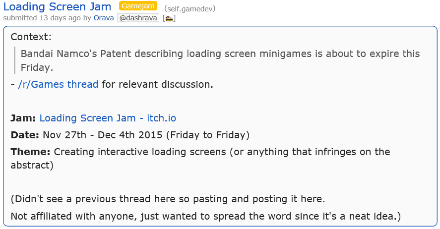 Post on /r/gamedev announcing a Loading Screen Game Jam to celebrate the end of Namco's reign on minigames in loading screens.