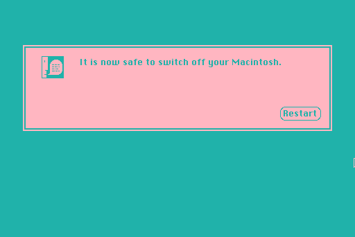 "It is now safe to turn off your Macintosh" in pink and blue vaporwave-seque colors