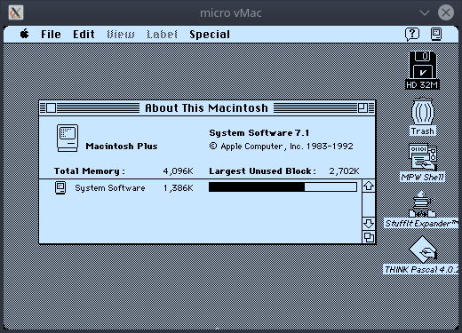 System 7.1 About box, colored like an actual CRT with a slight hint of blue